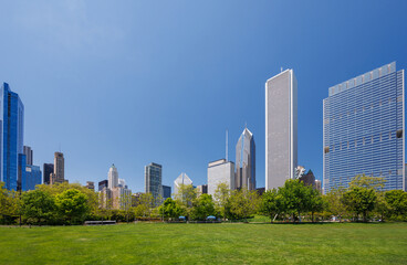Sunny view of downtown Chicago with iconic skyscrapers rising above a lush green park meadow