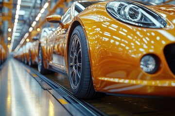 Orange sports car on an assembly line.
