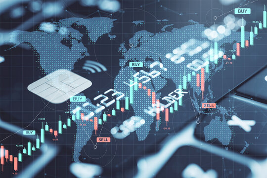 Digital world map with financial chart, buy and sell market data, and credit card chip overlay on fintech and trading technology background.