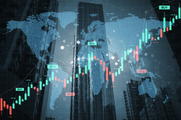 Global financial market chart with buy and sell signals overlayed on city skyline and digital world map background in modern economic concept.