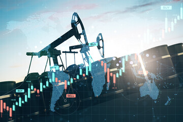 Oil pump jacks and barrels with forex chart, world map, and trading indicators on light background, symbolizing global energy market dynamics..