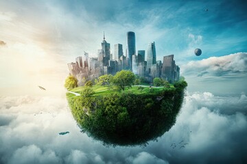 Innovative urban landscape with integrated green spaces and carbon emission reduction efforts on a floating island above the clouds