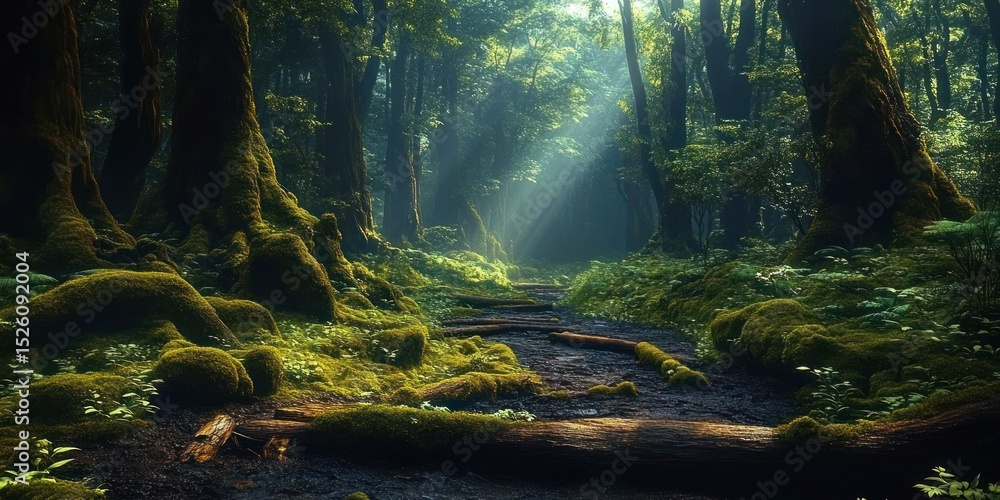 Poster sunlight filtering through dense forest canopy onto moss-covered trees and a shaded forest floor wit