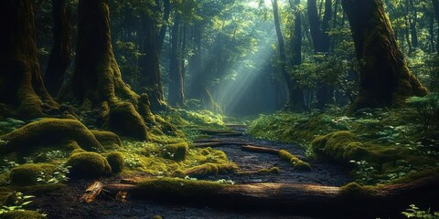 Sunlight filtering through dense forest canopy onto moss-covered trees and a shaded forest floor with a winding natural path