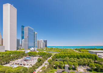 Vibrant sunny view of Chicago downtown skyline under a blue sky