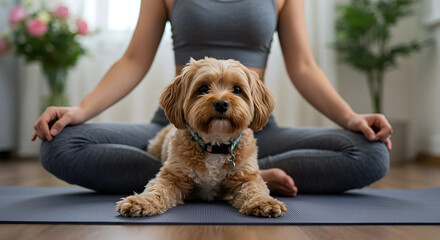 Woman doing yoga with dog indoor pet fitness