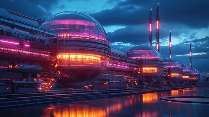 A futuristic fusion energy facility glowing with plasma energy reactors 