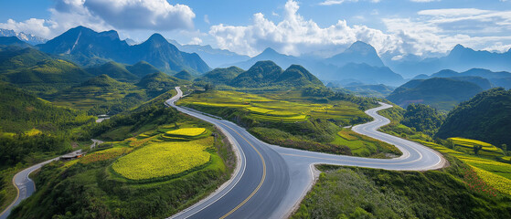 AI generator images of winding mountain road curving through a scenic landscape with dramatic view, High angle view of winding road amidst tree, long road with mountains, Endless road nature 
