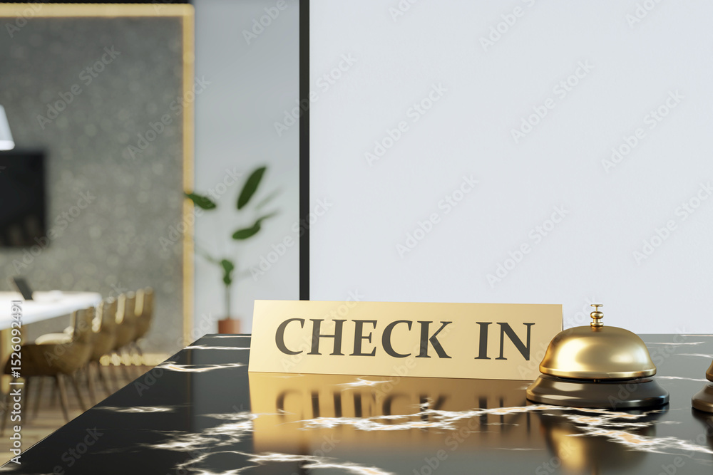 Poster closeup of hotel check-in sign and service bell on marble counter with modern interior in soft blur 