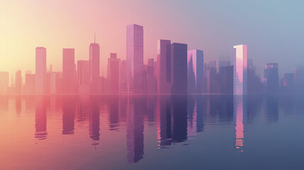 Fototapeta premium serene skyline at dawn reflects beautifully on calm waters, showcasing modern architecture
