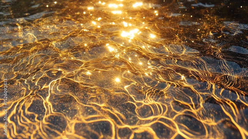 Poster golden sunlight sparkling and reflecting on water surface creating glowing ripples and intricate lig