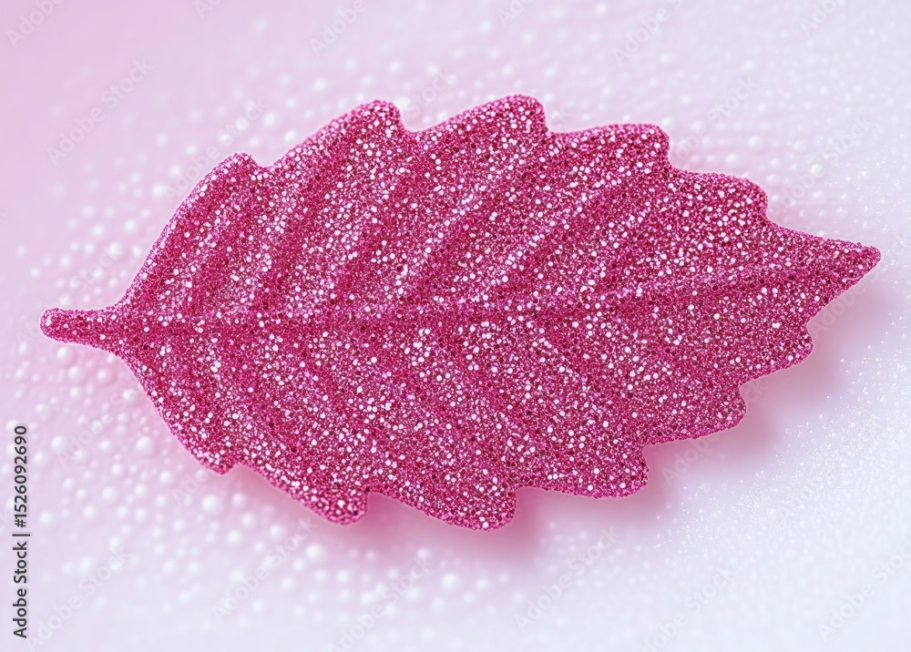 Poster close-up of a glittery pink leaf-shaped object on a light pink background with water droplets creati