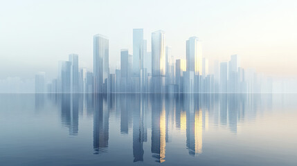 Fototapeta premium serene cityscape featuring reflective skyscrapers in misty atmosphere, creating tranquil scene