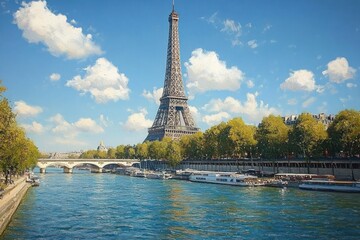 Fototapeta premium Eiffel Tower overlooking a river with boats and a sunny sky filled with white fluffy clouds