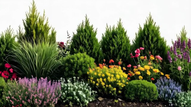 Lush garden arrangement showcases a stone border with a variety of vibrant flowers and diverse evergreen bushes and trees.