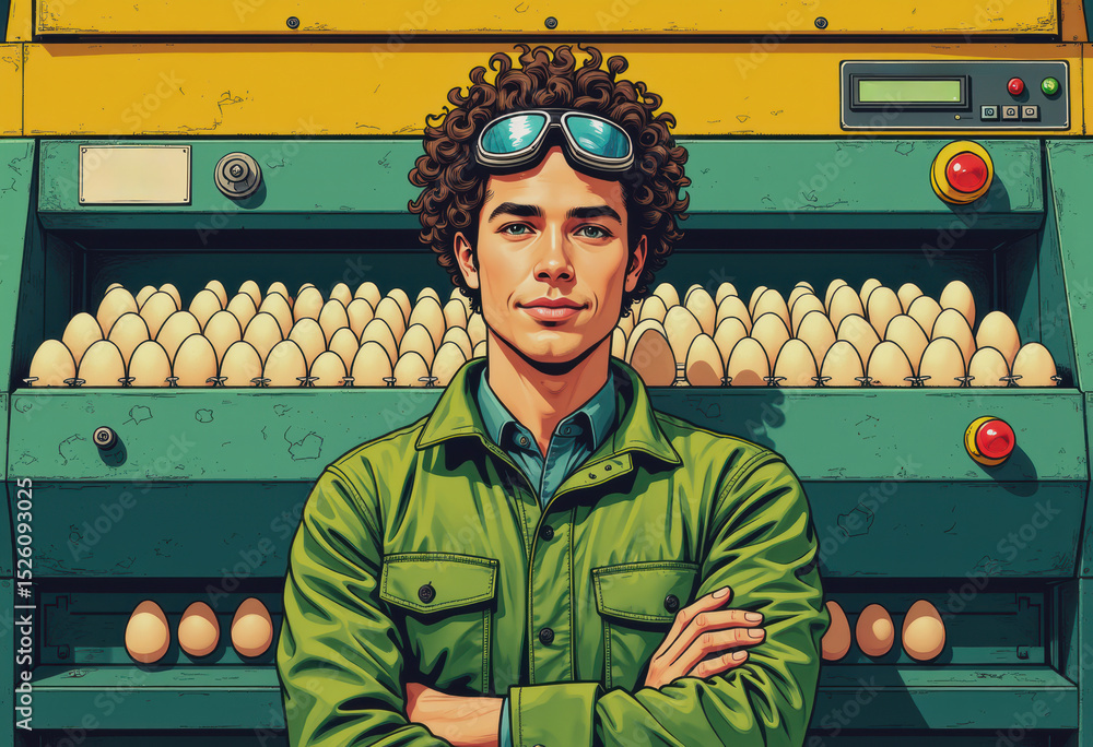 Poster poultry manager overseeing an automated egg sorting machine in action