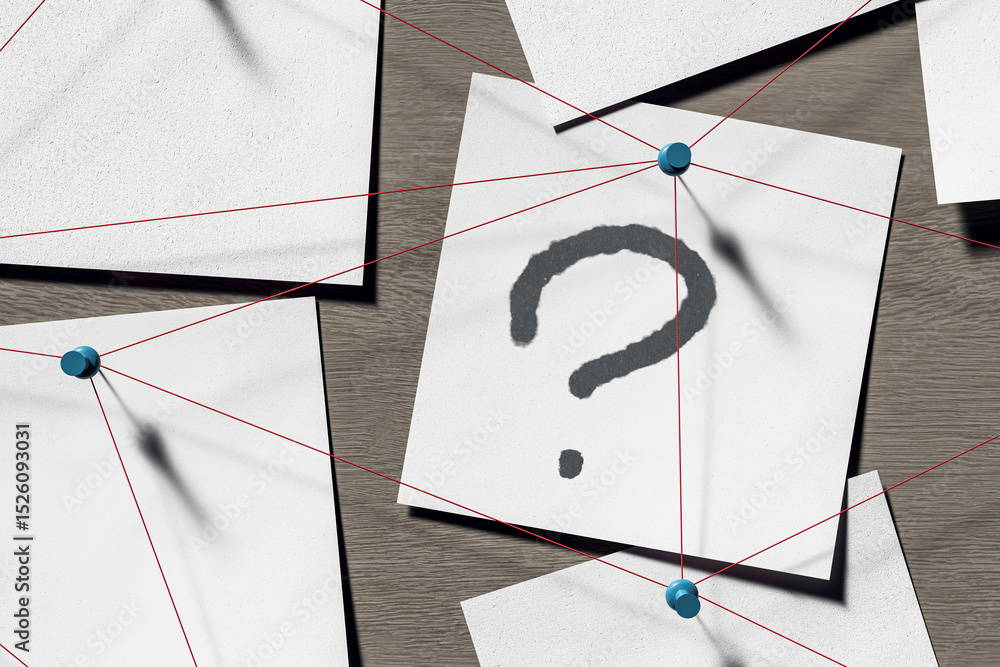 Aufkleber Abstract question mark icon on pinned papers connected by red strings on wooden wall, symbolizing investigation and curiosity concept. 3D Rendering