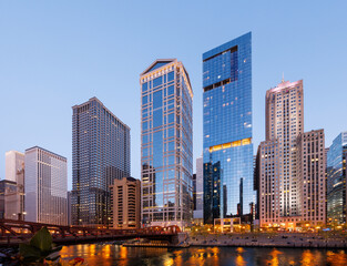 Scenic view of downtown Chicago during sunset