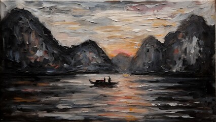 "Sunset Row on a Serene River – Impressionist Landscape Painting"