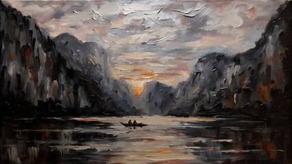 "Sunset Row on a Serene River – Impressionist Landscape Painting"