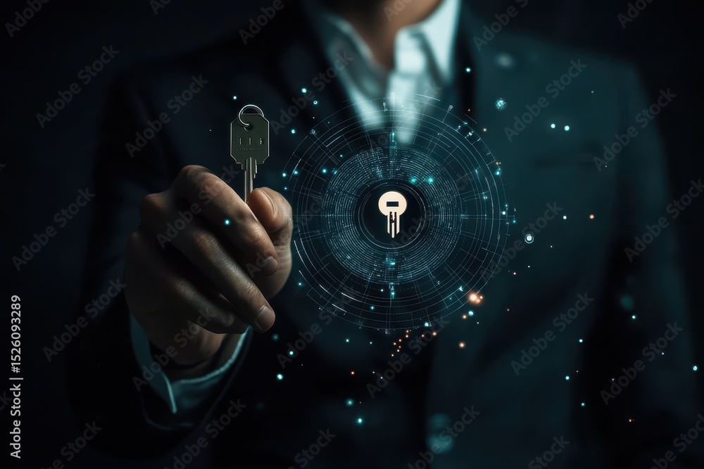 Poster businessman holds digital key representing access to innovative solutions in modern technology and s