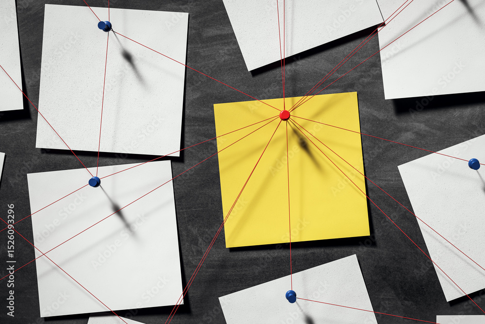 Poster Abstract detective investigation wall with red strings connecting white and yellow notes pinned on dark office background in conceptual closeup layout. 3D Rendering