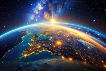 Fototapeta premium Digital minimalist cityscape: glowing towers pierce a dark, star-studded sky.