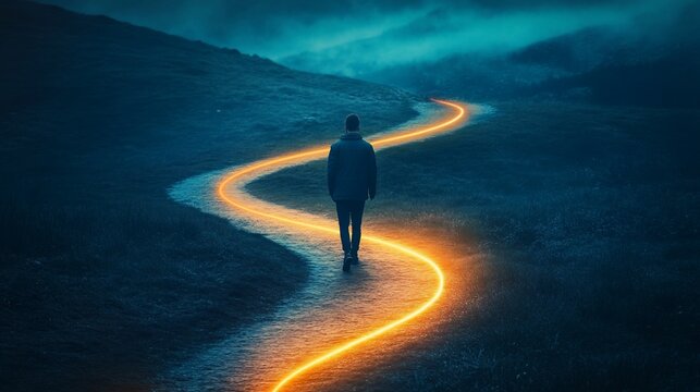 Man walks on a glowing path through a dark landscape illuminated by the orange light