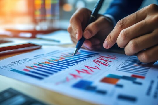 Detailed stock market analysis with financial graphs and charts by a professional during a work session in a corporate office environment