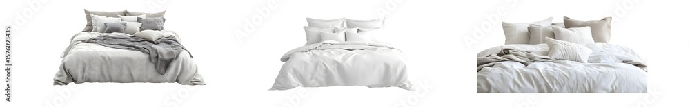 Poster set of beds with bedding sets in light colors. isolated on transparent background