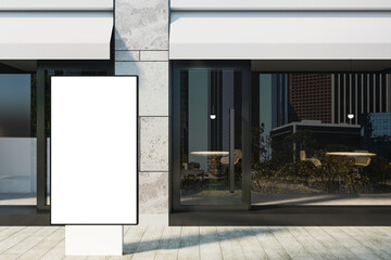 Blank vertical lightbox billboard in front of modern store facade with large glass windows and city reflection on sunny urban street background. 3D Rendering