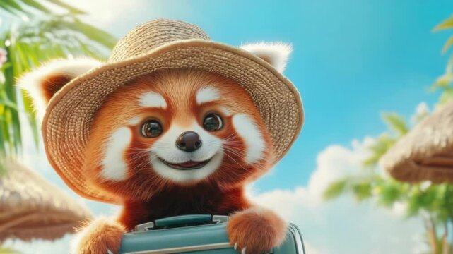 Cute red panda wearing a straw hat and holding a suitcase, standing on a tropical beach. Funny cartoon animal ready for summer vacation, travel concept.