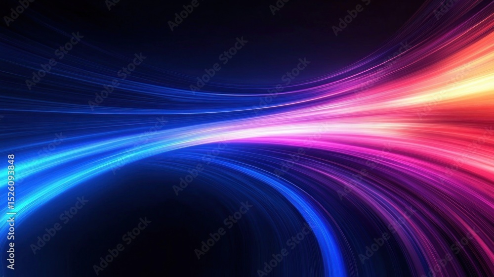 Poster dynamic flowing lines of light creating an abstract wave from cool blue to warm red hues on a dark b