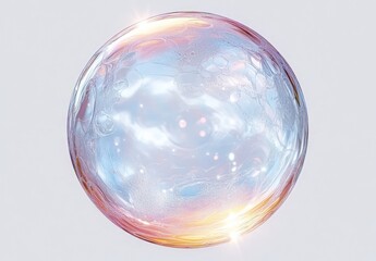 Close-up of a delicate transparent soap bubble with colorful reflections and light flares on a plain white background conveying fragility and beauty