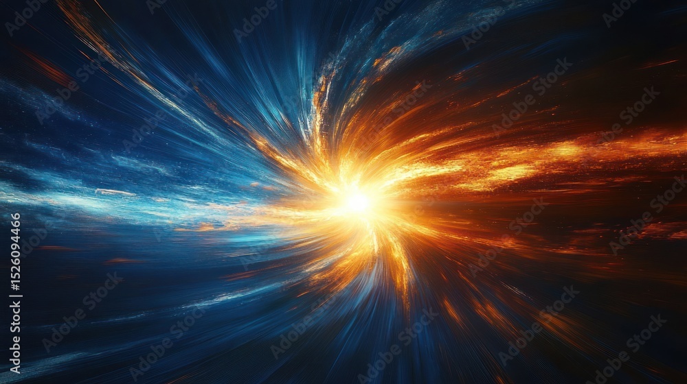 Poster dynamic explosion of blue and orange light streaks converging at a bright central point, creating a 