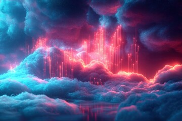 Surreal glowing clouds emitting vertical beams of neon pink light contrasted with soft blue and purple hues in a cosmic dreamlike atmosphere