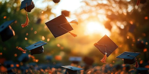 Black graduation caps with orange tassels being thrown in the air at a sunset outdoor ceremony, symbolizing celebration and achievement