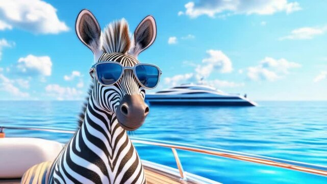 Cartoon zebra character wearing sunglasses relaxing on vacation aboard a yacht. Funny animal traveling the world. Mascot for children product design, travel or holiday advertisement.