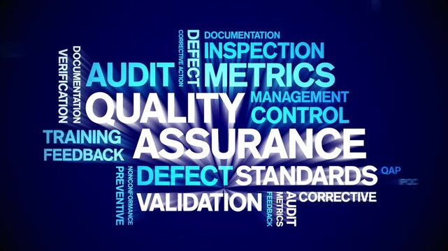 Quality Assurance animated word cloud;text design animation tag kinetic typography seamless loop.