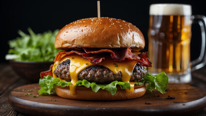 Delicious cheeseburger with bacon and a side of beer.