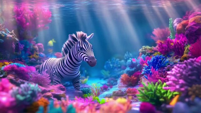 Cute cartoon zebra standing on the seabed with colorful coral reef and small fish swimming around it. Fantasy underwater world for game or children