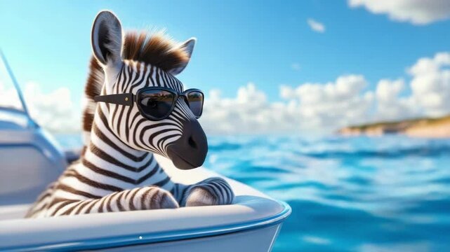 Happy cartoon zebra animal wearing sunglasses riding front passenger on motorboat on summer day ocean with island background travel vacation concept.