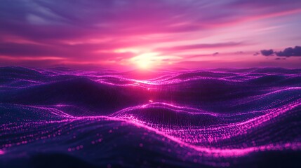 Serene horizon over a shimmering digital ocean in vibrant pink and purple hues