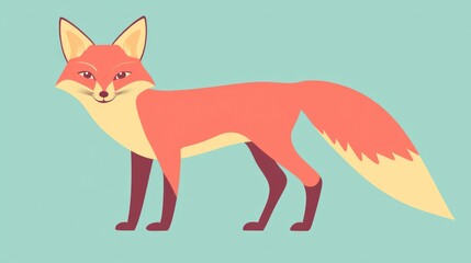 Obraz premium Cute cartoon fox standing, light teal background. Possible use for children's book illustration