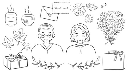 Respect for the Aged Day hand-drawn illustration set line drawing (Grandpa, Grandma, Gratitude, Flowers, Gifts) / 敬老の日の手描きイラストセット線画（おじいちゃん・おばあちゃん・感謝・花・ギフト）