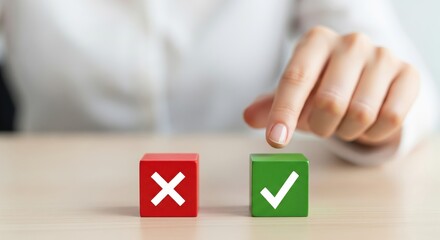Decision-Making Concept. A person chooses between red X and green checkmark blocks, accept and rejected, true and false, yes or no