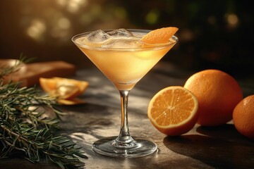 A chilled cocktail garnished with citrus, presented in a martini glass.