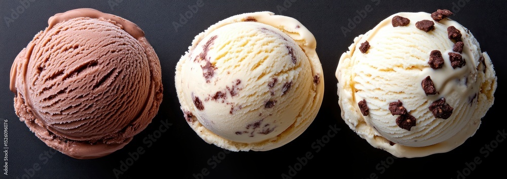 Poster three scoops of ice cream arranged in a row on a dark background featuring chocolate, vanilla with c