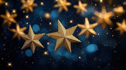 Two glittering golden stars glowing brightly with multiple smaller stars and sparkling lights against a deep blue bokeh background, creating a festive and magical atmosphere