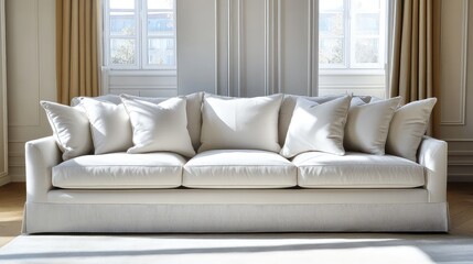 Chic neutral sofa in uncluttered space with no decorations, only smooth shadows